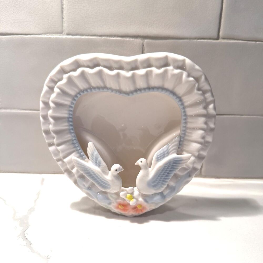 Vintage Ceramic Heart Picture Frame with 3D Doves and Flowers – 6" x 5.5"
